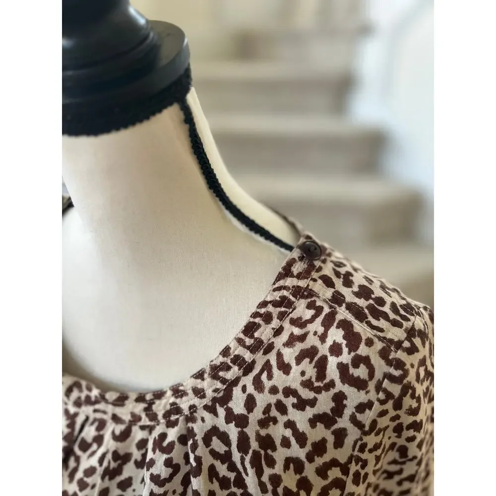 J.Crew Tan & Brown Leopard Print Linen Long Sleeve Peasant Blouse